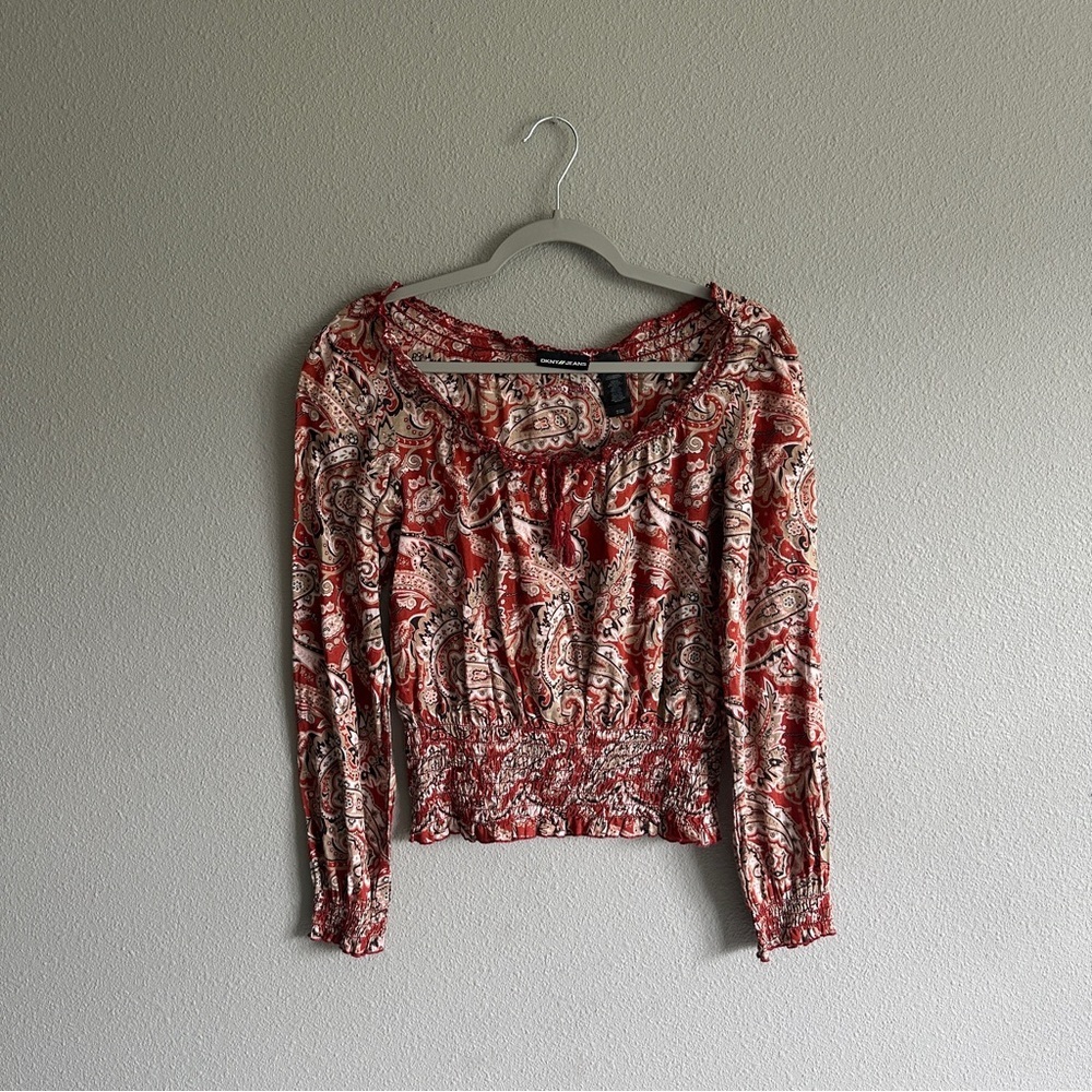 DKNY Paisley Print Red Smocked Peasant Top Small